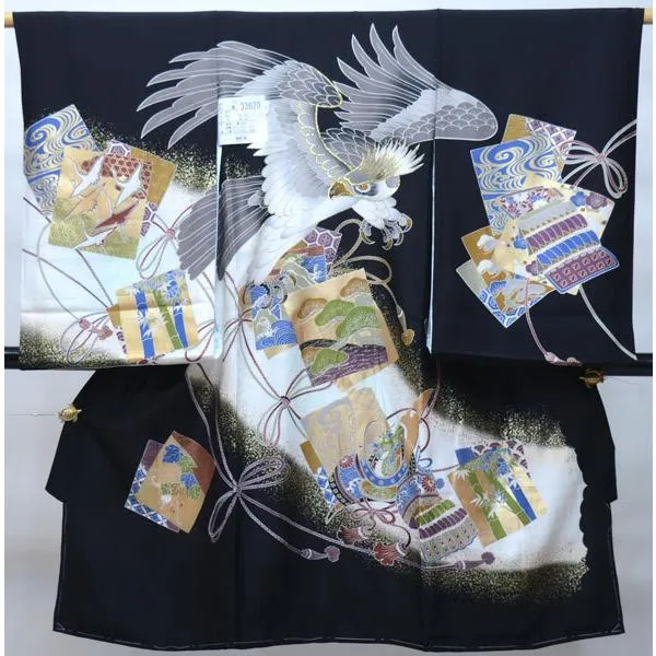 お宮参り 産着 男児 正絹 のしめ 豪華絢爛 金刺繍 黒地 羽二重 祝着 鷹 一つ身 新品（株）安田屋 NO33628