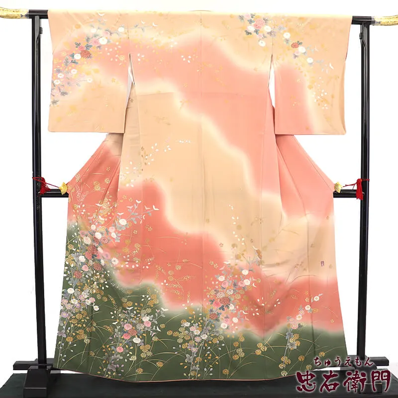 【中古】 訪問着 フォーマル 袷 レディース 正絹 ピンク ベージュ 深緑 落款 菊 萩 秋草文 身丈166cm 裄丈66cm 入学式 卒業式 結婚式 七五三 M～Lサイズ相当