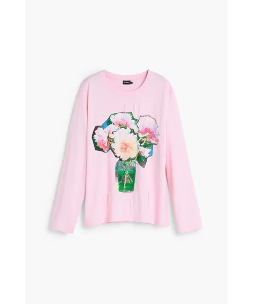 tシャツ フラワープリント長袖ニット Tシャツクルーネック ピンク レディース