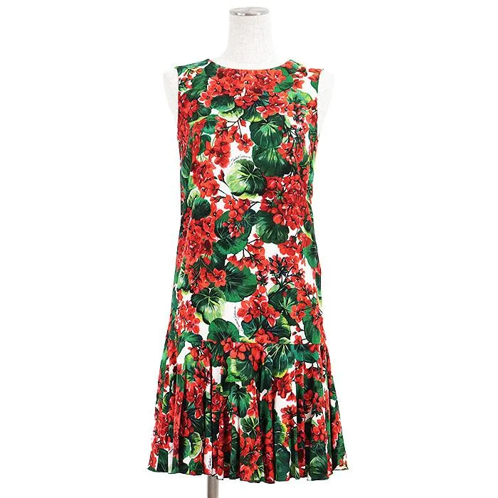 【未使用】DOLCE\u0026GABBANA ドルチェアンドガッバーナ ノースリーブワンピース フラワー ロゴ ストレッチ タグ付属 レディース 36 白 赤 緑