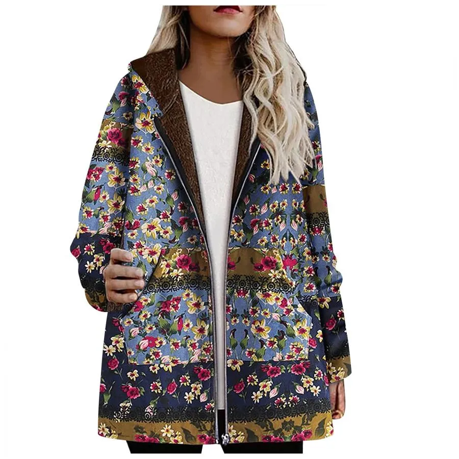 【並行輸入品】OIUCVGB Fleece Jacket Women Winter Coat Warm Outwear Floral Prin