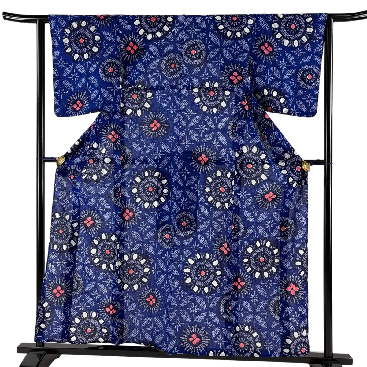 【美品】 浴衣 身丈158.5cm 裄丈61cm S 絞り浴衣 花 青 綿 名品 【中古】