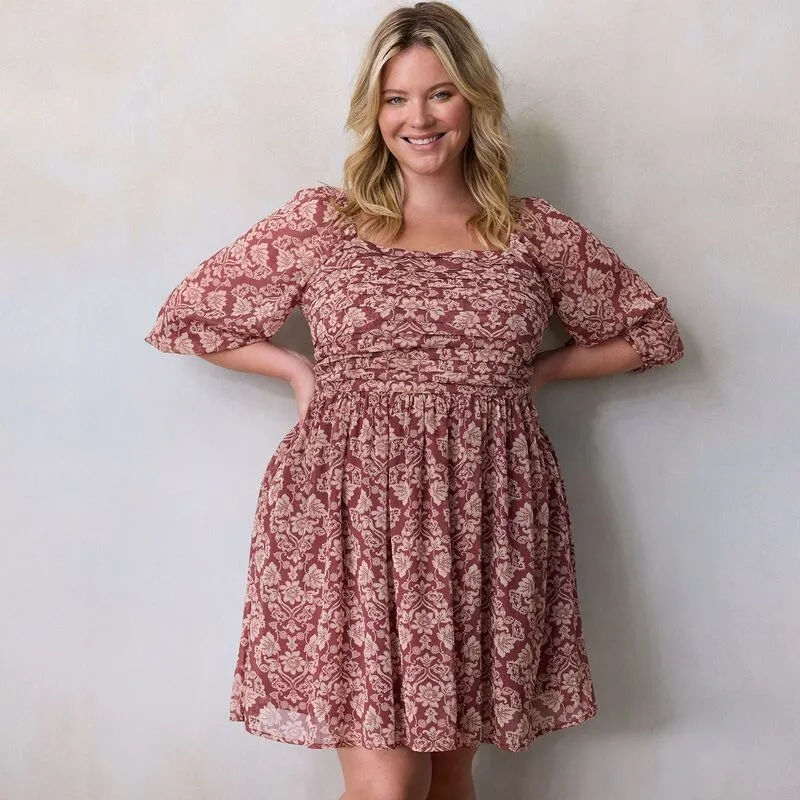 LC Lauren Conrad レディース トップス ワンピース プラスサイズ プリーツ ミニ Plusize LC Lauren Conrad Pleated Bodice Blouson Sleeve Mini Dress Mauve Wilma Wallpaper
