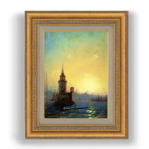 【油絵 直筆仕上げ】アイヴァゾフスキー コンスタンティノーブルのレアンドル塔の眺め F4  【額入り】 絵画 販売 4号 油彩 風景画 481×391mm 複製画