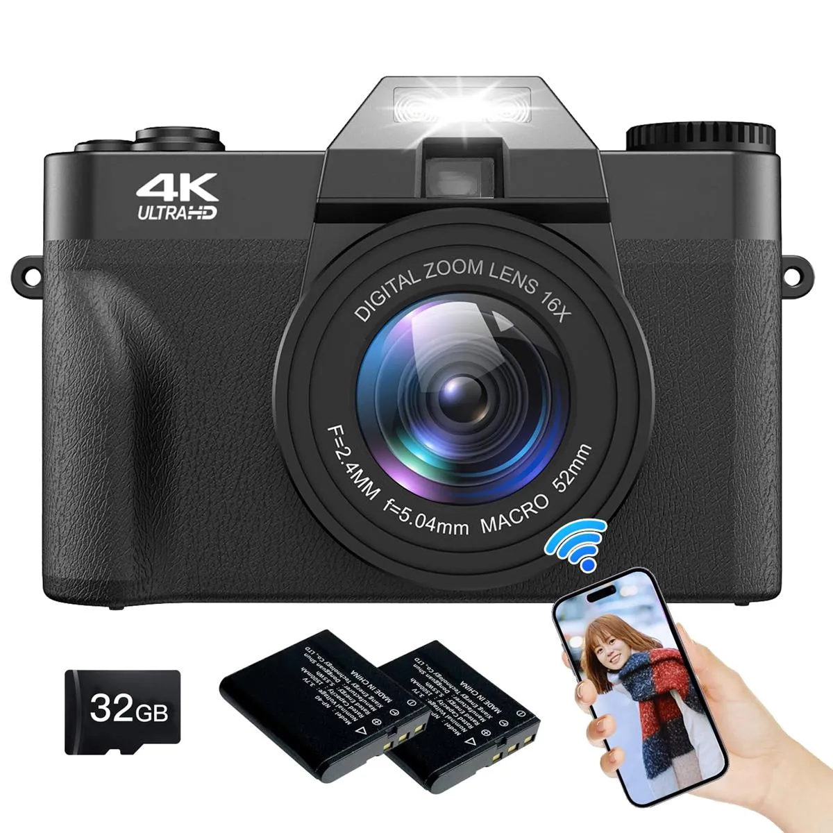 スマホに送れる デジタルカメラ 4K デジカメ WIFI転送機能 4800万画素 180度回転可ディスプレイ 32GBマイクロSDカード付き 16倍デジタルズーム オートフォーカス機能 ウェブカメラ HDMI出力 自撮り便利 3インチ大画面 バッテリー2枚 コンパクト（ブラック）Moledro