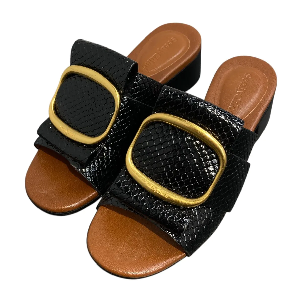 【中古】SEE BY CHLOE ホッパー スネークエンボス ブロックヒール サンダル ブラック サイズ：36(約23cm) 【150426】（シーバイクロエ）