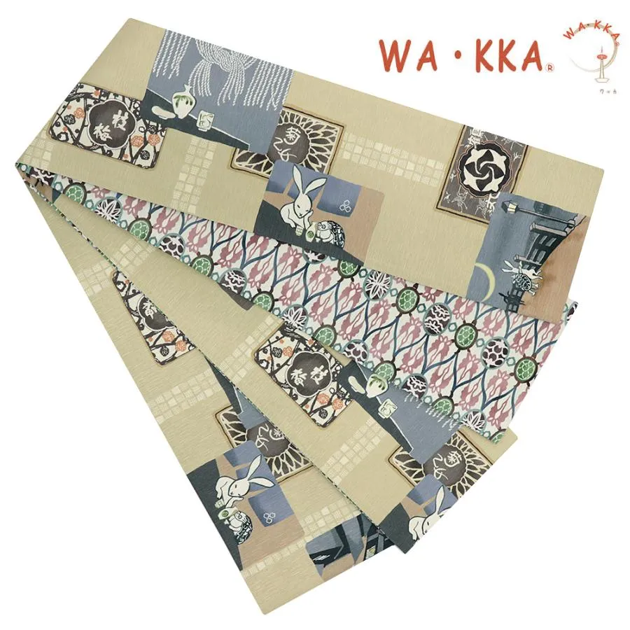 半幅帯 WA・KKA WAKKA ワッカ 「はしご酒」 リバーシブル 正絹 ベージュ イエローベージュ うさぎ 兎 亀 居酒屋 赤ちょうちん お No.88-2551