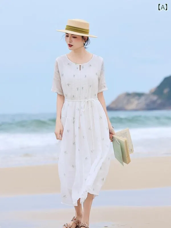 ワンピース レディース 春夏 ラミー 麻 ゆったり 軽やか フレア Aライン マキシ丈 レトロ エスニック クルーネック 5分袖 刺繍 ウエストリボン ホワイト リゾート