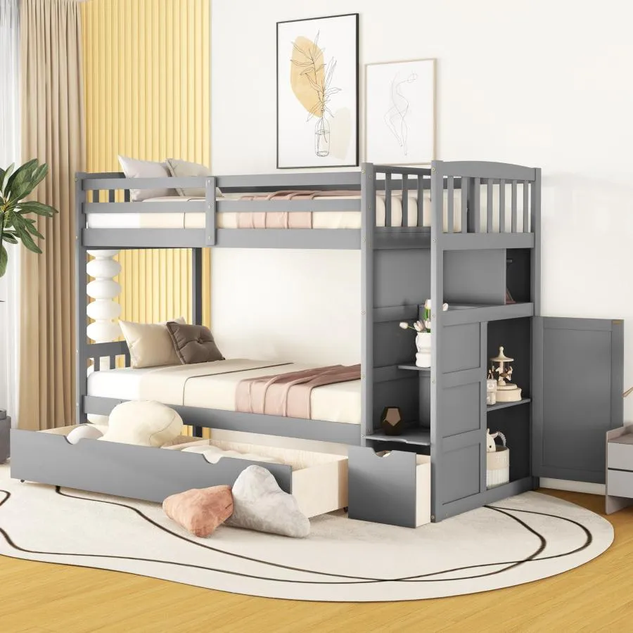 【並行輸入品】 CITYLIGHT Bunk Beds Twin Over Full/Twin with Stairs, Wood Bunk B