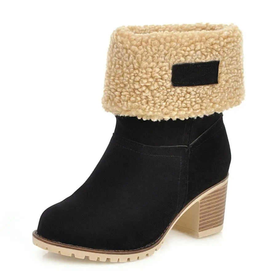 【並行輸入品】Women's Winter Warm Snow Boots Fold Over Fur Ankle Boots Chunky