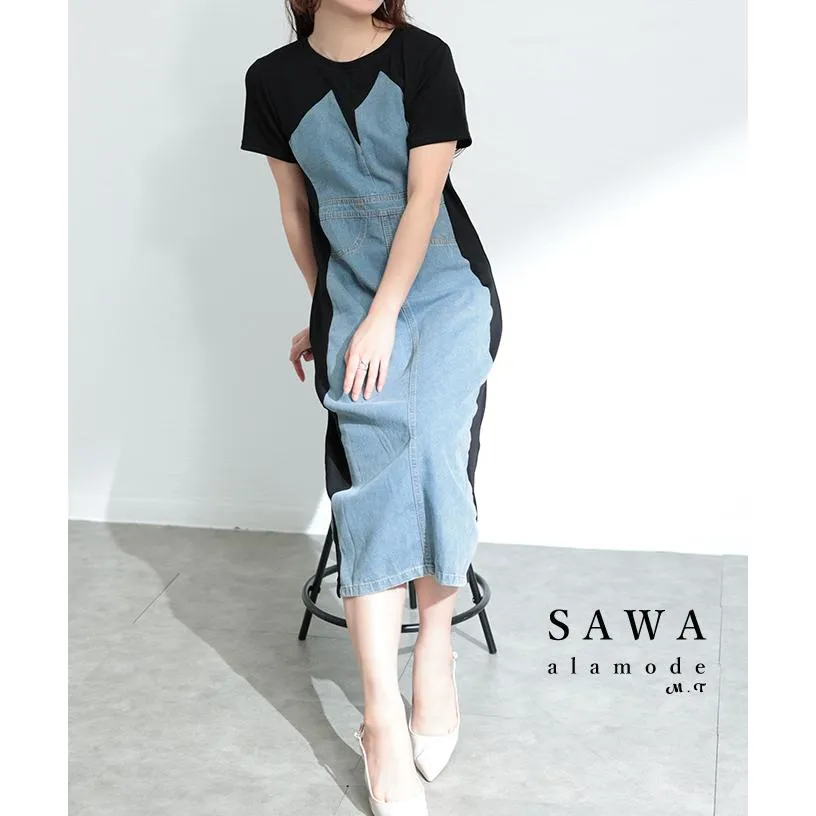 ワンピース レディース 異素材 デニム 半袖 ミモレ スリット ポケット 配色 ブラック 黒 夏 夏服 大人可愛い 大人 可愛い 30代 40代 50代 60代 サワアラモ 爆買