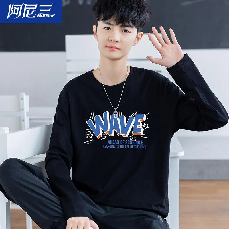 Tシャツ メンズ 男性用 長袖 ラウンドネック トップス 大童 中学生 果緑 黒2