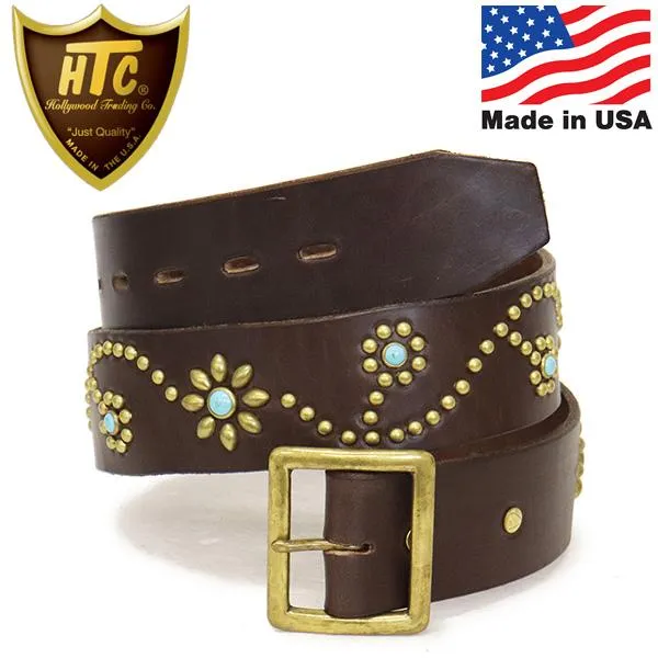 HTC(Hollywood Trading Company) #125W Turquoise 1.75インチ レザーベルト ダークブラウンレザー x ブラススタッズ x ターコイズ