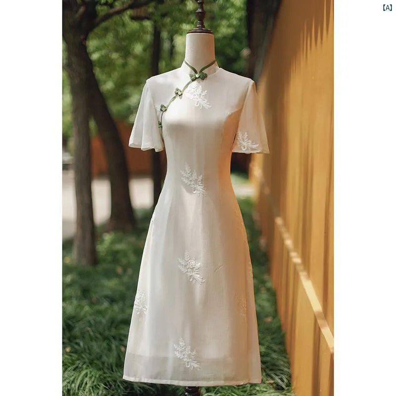 ドレス チャイナドレス オシャレ 綺麗 上品 コーデ 大歳 コスプレ オフ ホワイト チャイナ ドレス 夏 少女 ハイエンド A 裾 ミドル丈