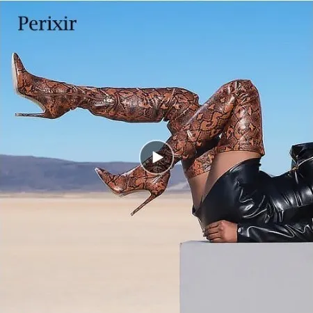 Perixirハイ太ももニーハイブーツレディーススネークスキンシューズスーパーシンハイヒールブーツボトムファム