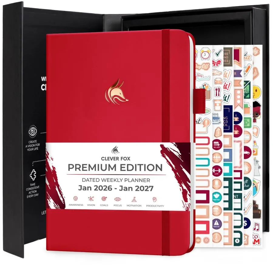Clever Fox Dated Planner Premium 2026 - Weekly Agenda for Planning ＆ Time Management -Notebook with Habit Tracker ＆ To-do List (Red)