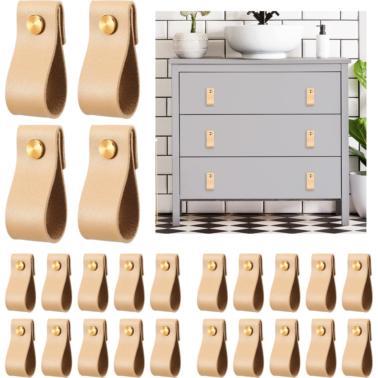 24ピース PVC レザー 引き出しプル ハンドメイド PVC レザー キャビネット プル キャビネット 家具 ノブ プルハンドル ワードローブ ドアハンドル プルノブ ドレッサー引き出し キャビネット用 (ライトブラウン)