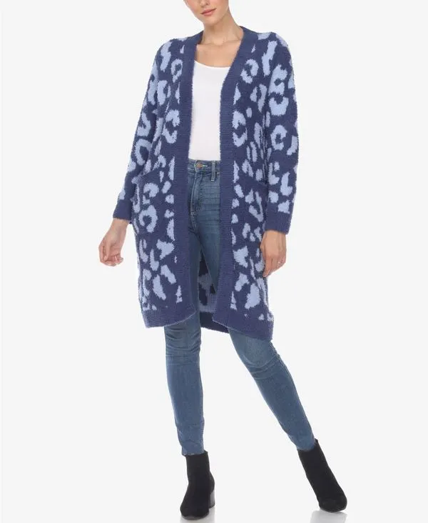 ホワイトマーク レディース アウター ジャケット・ブルゾン プリント カーディガン White Mark Women Leopard Print Open Front Sherpa Cardigan Navy Light Blue ネイビー