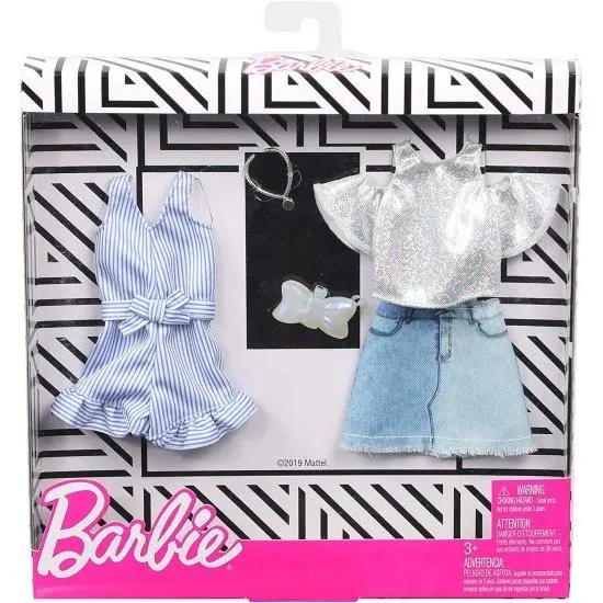 Barbie バービーの服：2服の人形には、弓形の財布とネックレスが付いたキラキラ光るシャツ、スカート、ロンパー、3-8歳の贈り物が含まれています