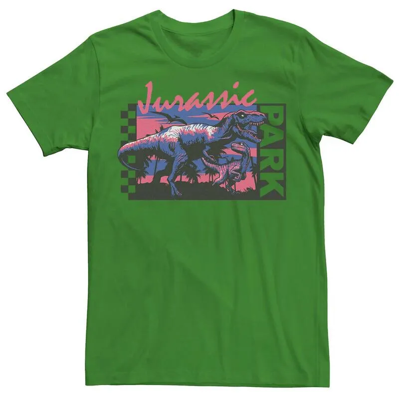 アニメキャラクター レディース トップス Tシャツ Licensed Character Men Jurassic Park Checkerboard T-Rex Panel Tee Kelly チェック