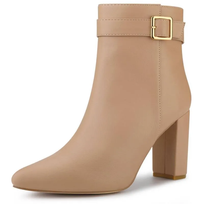 アレグラ ケー レディース シューズ ブーツ・レインブーツ アンクル ヒール ALLEGRA K Women Pointed Toe Buckle Decor Heel Ankle Booties Camel キャメル