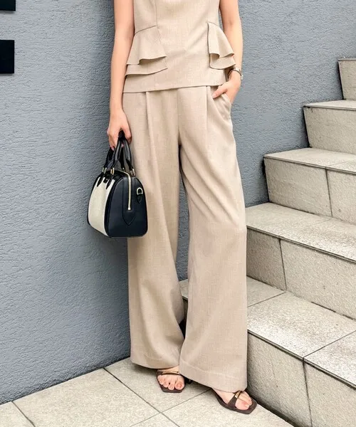 パンツ 「セットアップ対応」ウォッシャブル麻調ワイドパンツ レディース