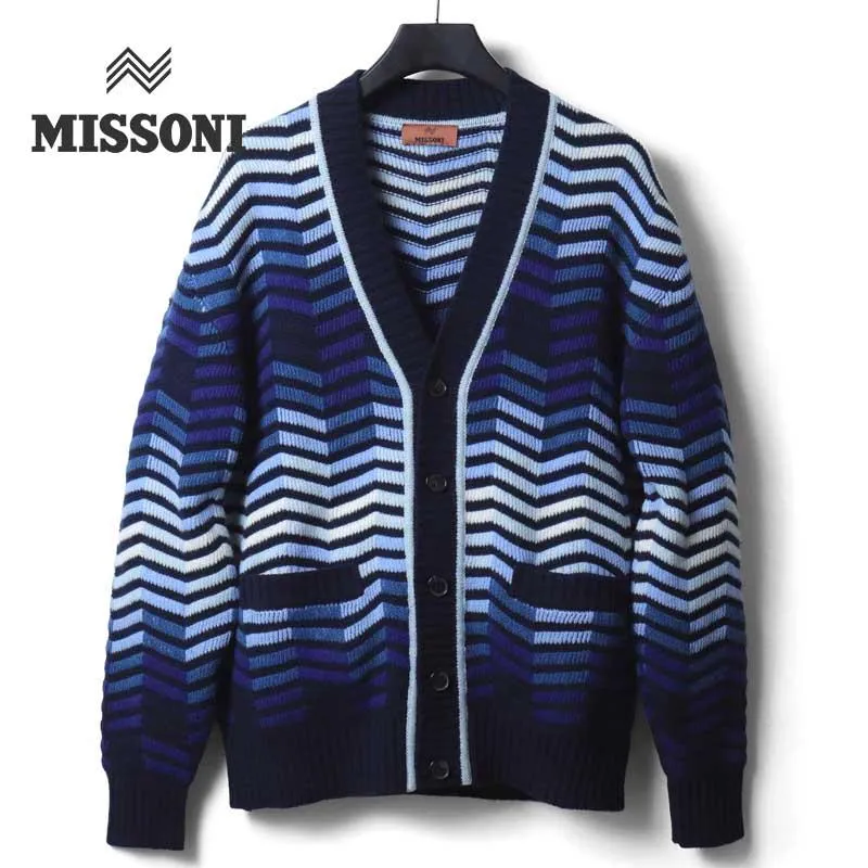 MISSONI / ミッソーニ ジグザグ柄ウールジャカードニットカーディガン(US24WM05) （ネイビー基調マルチカラー）