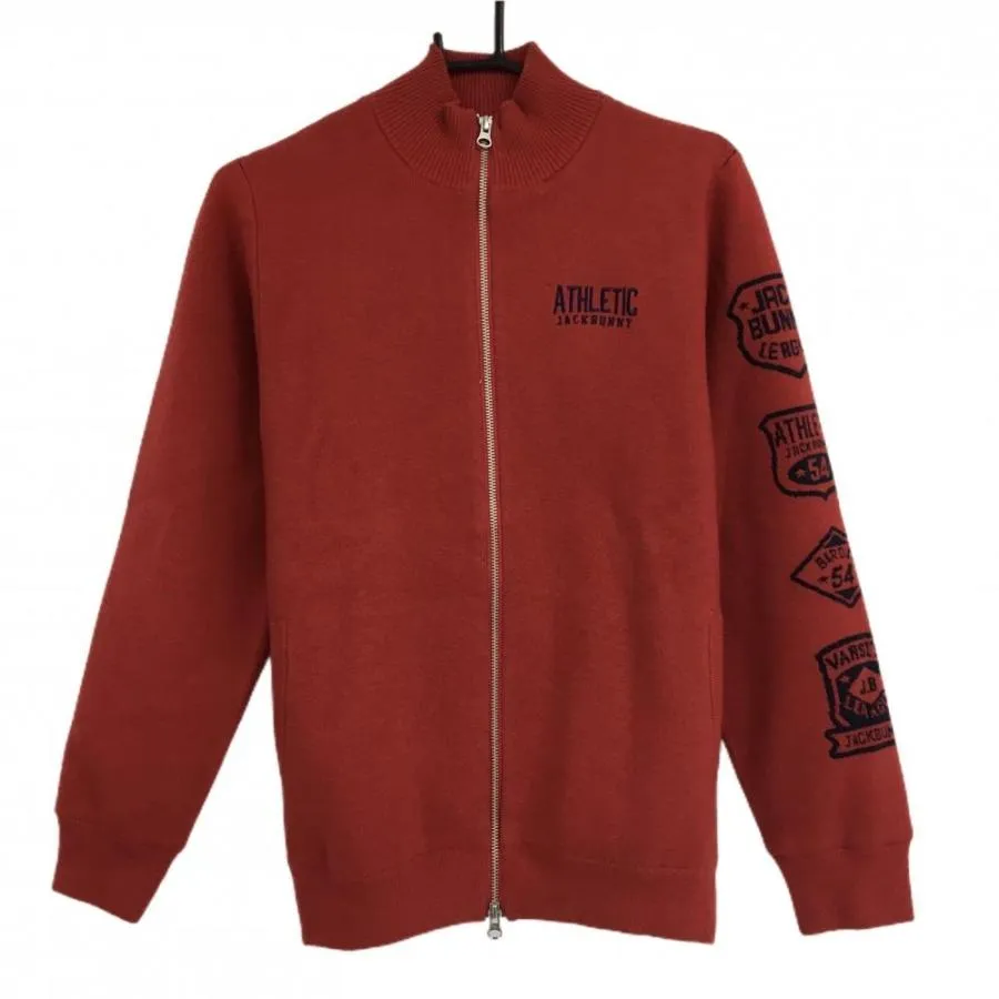 【美品】ジャックバニー ニットジャケット レッド系×ネイビー ダブルジップ 裏地付き 袖ロゴ メンズ 4(M) ゴルフウェア Jack Bunny