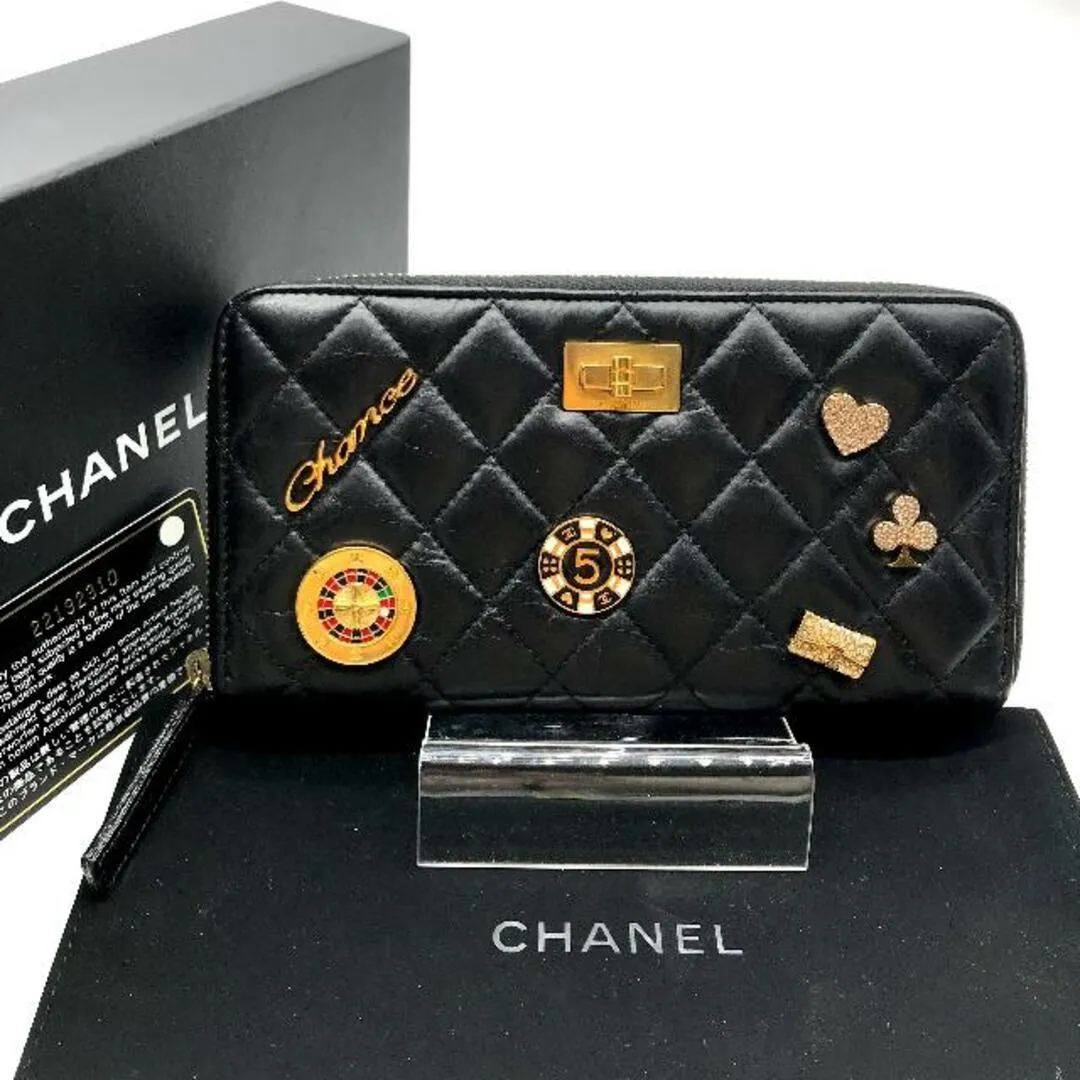 CHANEL シャネル ココマーク マトラッセ ラムスキン エンブロイダリー 255 ラウンドジップ ウォレット 長財布 ブラック 良品 a2475