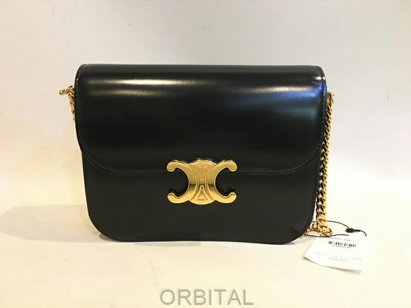 【中古】二子玉)CELINE  セリーヌ 未使用 クラシック トリオンフ ミディアム チェーンショルダーバッグ カレッジ ブラック 黒