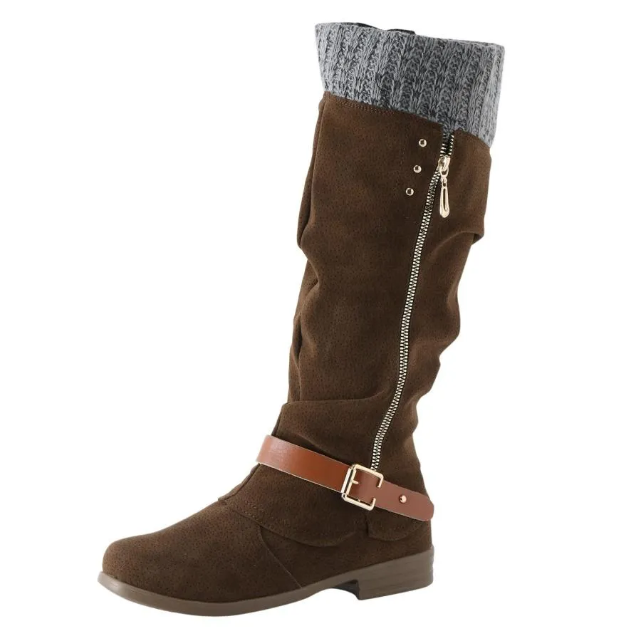 【並行輸入品】SBGMoSJ Cowgirl Boots Short Knee High Flat Dark Brown Boots Wome