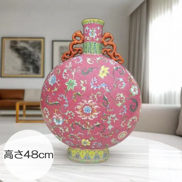 景徳鎮 粉彩花文扁壺 全高49cm 中国 陶磁器 希少 花生 工芸品 美術品 中国美術 花瓶 大きい 高級感 陶磁器 骨董 インテリア 花生 大型 花入れ 装飾品 置物