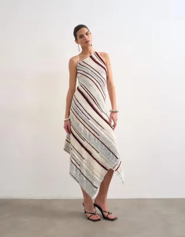 トップショップ レディース トップス ワンピース アシンメトリー スカート ニット Topshop knit asymmetric striped full skirt dress in ecru エクリュ