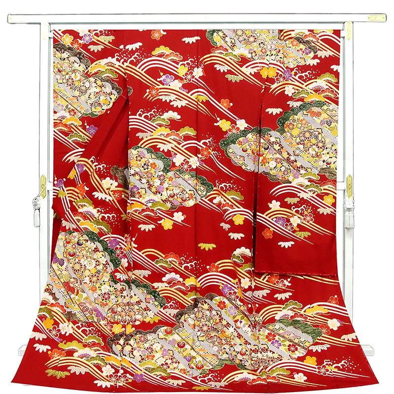 ※記念感謝祭【仕立無料】☆京友禅伝統工芸手描き美術染特撰豪華振布付振袖☆本金、鹿の子染四季花祝い波松竹梅図（10012706）
