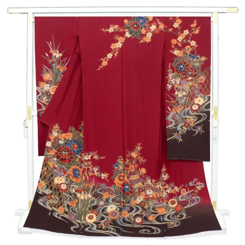 ※記念感謝祭【仕立無料】京友禅工芸紅型染振袖☆琉球王朝四季花庭園図☆シボちりめん生地（10011440）