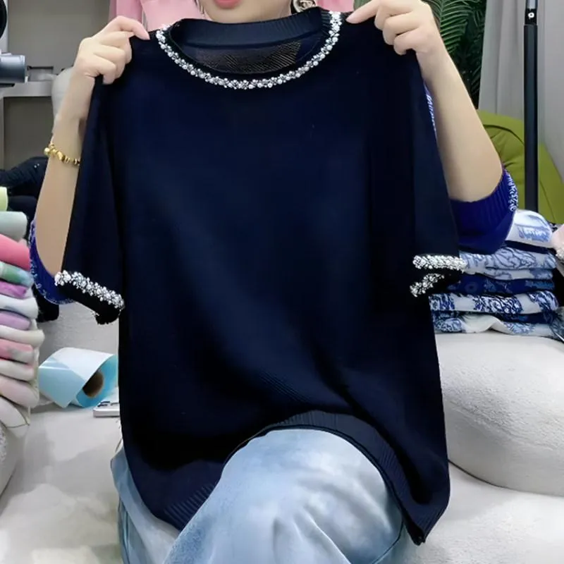 Tシャツ レディース 黒 ニット 短袖 夏用 高級感 スタッド ビーズ 装飾 切り替え  大きめサイズ ビッグシルエット 通勤 普段使い 軽量 伸縮性 吸湿速乾 ブラック トップス ユニセックス