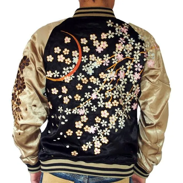 スカジャン メンズ レディース 絡繰魂 "三日月/桜 "刺繍 リバーシブル　ブラック　和柄 ジャンパー スーベニア ジャケット 爆買 bakugai202512