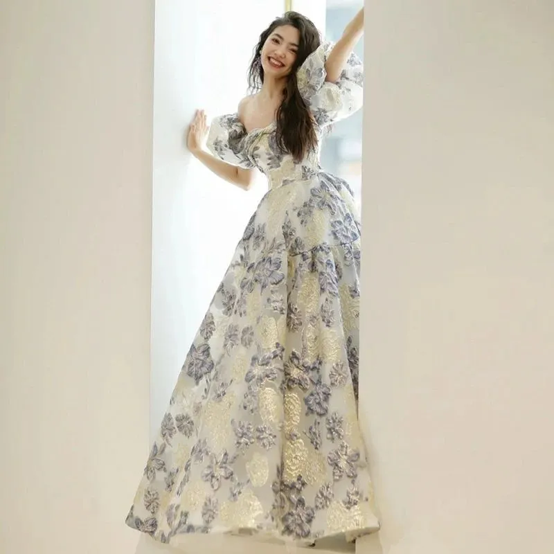 ブルー XL XXL 送料無料 花柄 オフショルダー パーティードレス L オシャレ 可愛い イブニングドレス 結婚式ドレス M S ビスチェドレス ロング丈 プリント花柄 ゴールド 発表会ドレス Aライン ロングドレス XXXL 二次会ドレス
