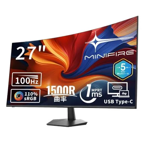Minifire曲面 モニター27インチ USB-C 100Hz 1500Rの湾曲率 FHD 1920×1080 HDR10 Adaptive Sync sRGB 110% VESA対応 フレームレス Type-C/HDMI スピーカー内蔵(HDMI/USB Type-Cケーブル付き-MF27C1）