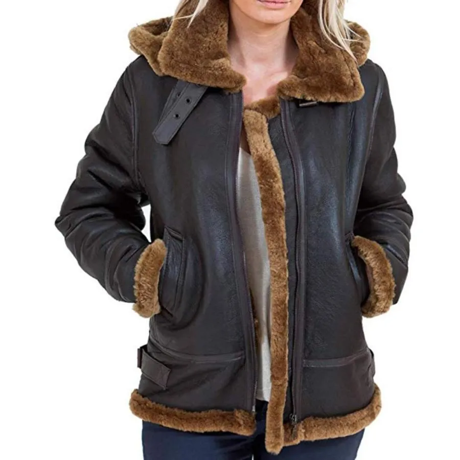 【並行輸入品】Womens B3 Shearling Sheepskin Flying Jacket Hood Soft Brown Wool