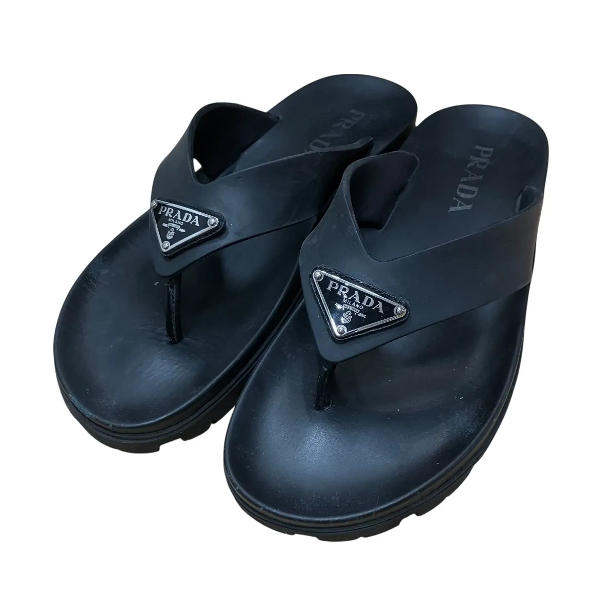 【中古】PRADA トライアングルプレート サンダル ブラック サイズ：27 【280326】（プラダ）