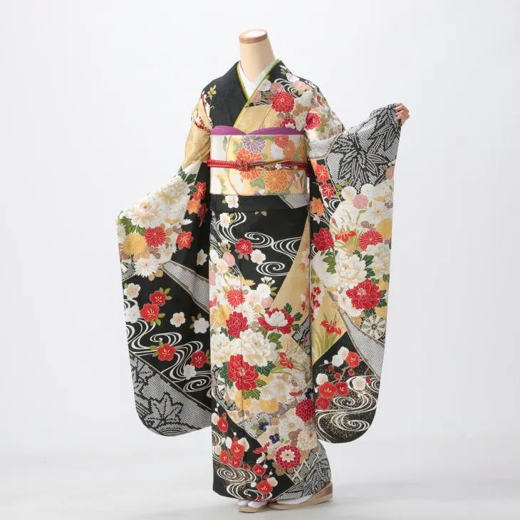 振袖 成人式 フルセット Mサイズ 花柄 黒系 着物 購入 正絹 結婚式 卒業式 セット 66867 爆買