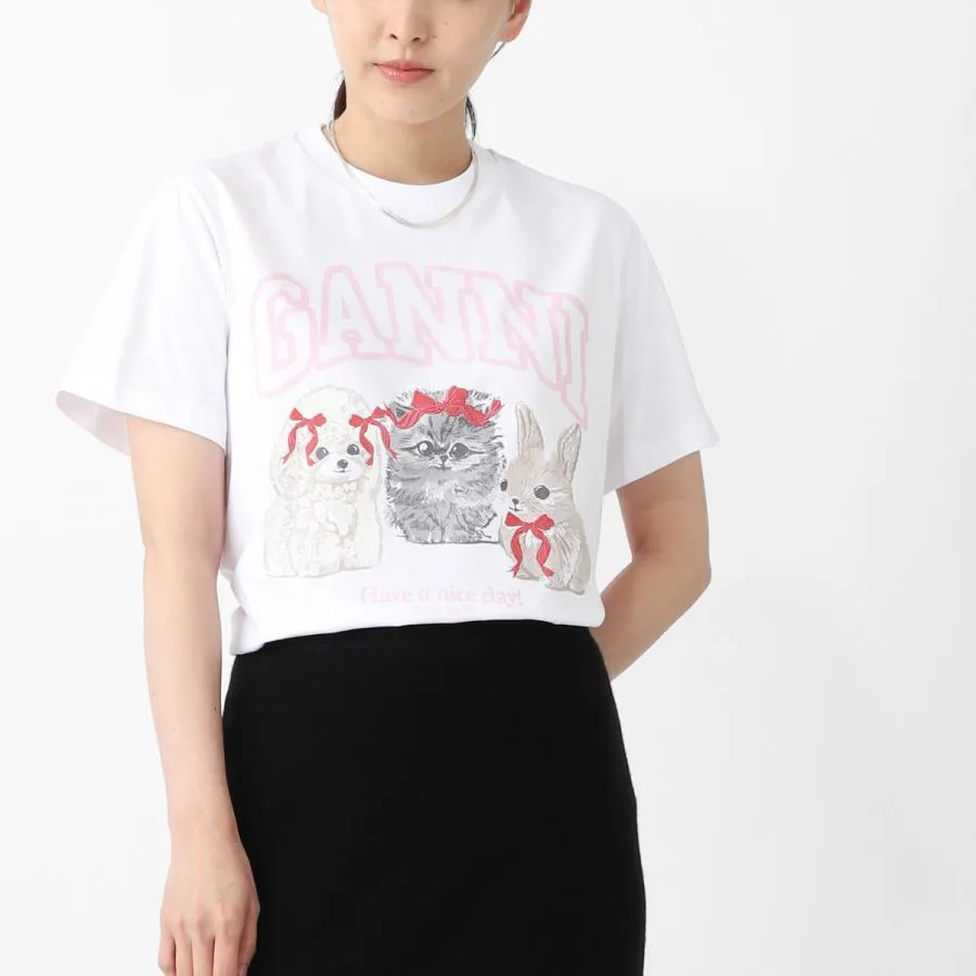 ガニー GANNI クルーネックTシャツ BASIC COTTON JERSEY CUTE ANIMALS ロゴT アニマルプリント ホワイト レディース a1050029-151-brightwhite