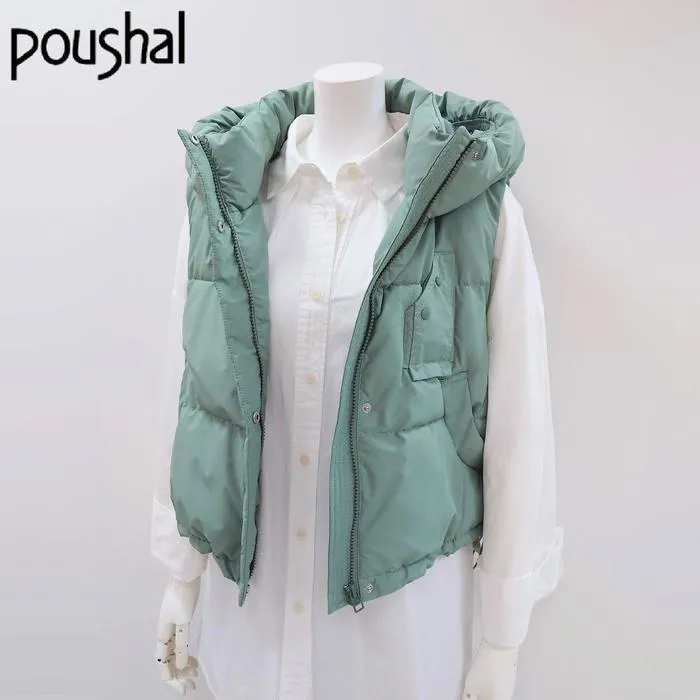 裾ドロスト付きショート丈中綿ベスト 012-24430 poushal ミントグリーン サックスブルー フード付き ジップ 春秋冬 トレンド レディース