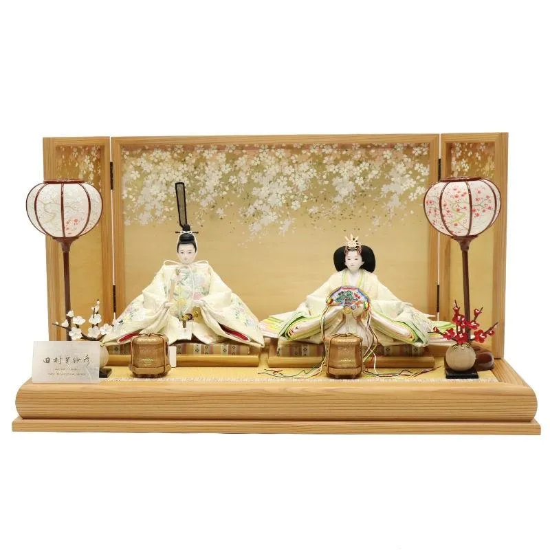 雛人形 親王平飾り 色々に輝く小花丸文 田村芙紗彦 京十一番 親王 小花丸文刺繍 しだれ桜箔チラシ屏風 2025-yg009 幅70cm 平飾