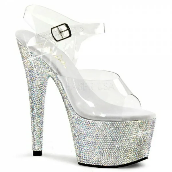 PLEASER【取り寄せ】プリーザー・ラインストーン厚底サンダル/品番:BEJEWELED-708DM/BEJ708DM/17cmヒール/18cmヒール/ポールダンス/ダンス/衣装/サイズ展開豊富/レディース/キャバ嬢/ドレスサンダル/アンクルストラップサンダル/アッパークリア（透明）/シルバー/銀