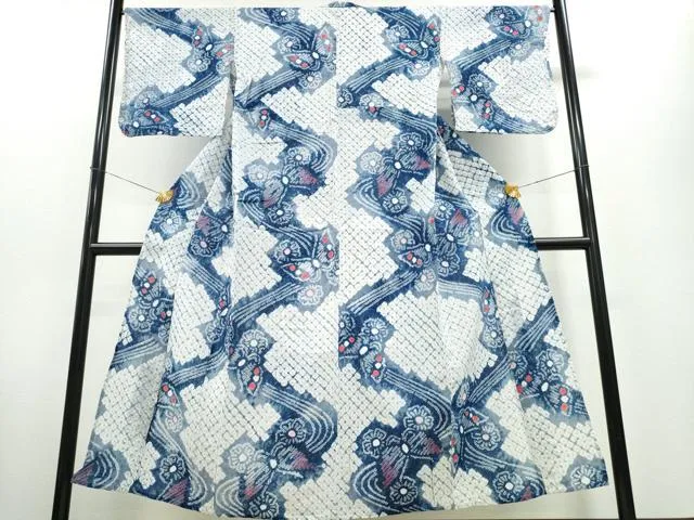平和屋着物∴夏物 浴衣 有松鳴海絞り 流水舞蝶文 綿 逸品 CAAW0997ng