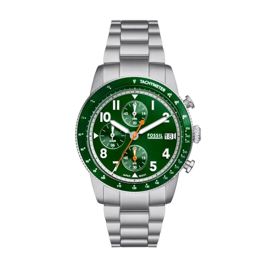Fossil Sport Tourer FS6048 メンズ腕時計 クロノグラフ クォーツ タキメーターベゼル ステンレスブレスレット 42mm ミネラルクリスタル 5気圧 グリーン文字盤