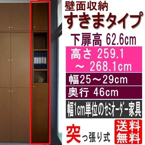 天井つっぱり隙間収納 戸棚 高さ２５９．１〜２６８．１ｃｍ幅２５〜２９ｃｍ奥行４６ｃｍ厚棚板(棚板厚2.5cm) 下扉高さ62.6cm