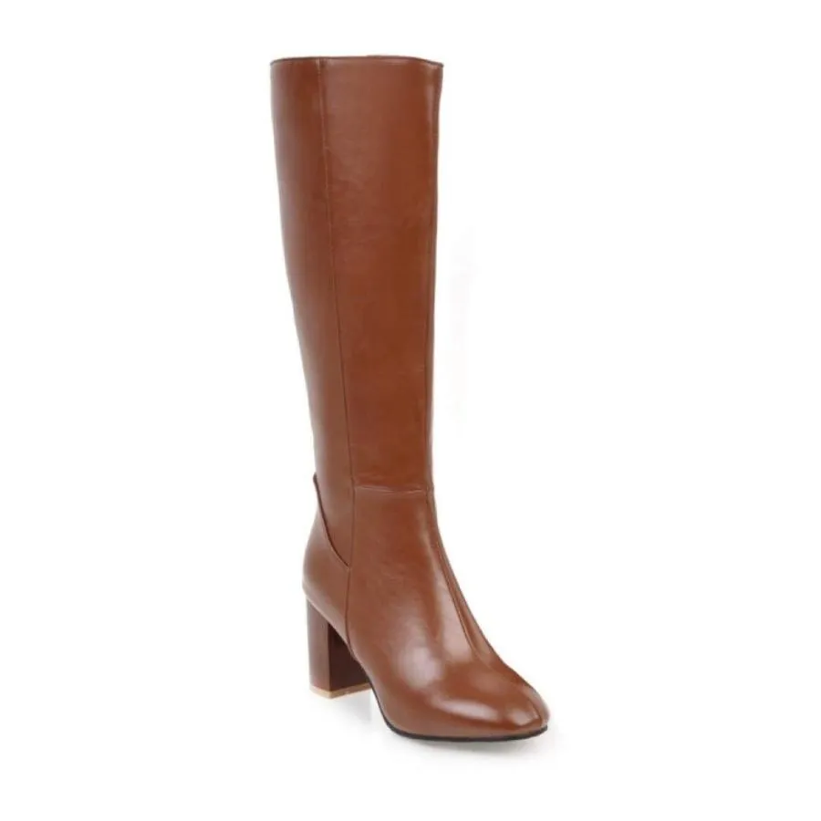 【並行輸入品】Womens Classic Leather Knee High Boots Faux Square Toe Solid Zip